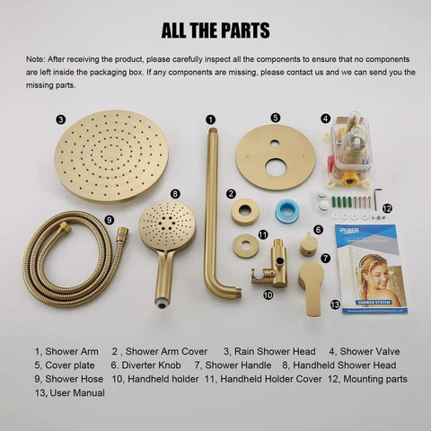 Slick Brushed Gold Rainfall Shower Head System With Concealed Wall Mount Mixer Valve And Heavy Duty Brass Plumbing Arm Stainless Steel Hose Handheld Setup For Knockout Bathroom Revamps