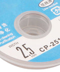 Close-up of spool label for Desoldering Wick Braid With Flux for PCBs, Red Copper Material, 1.5 Meter Length, 2.5mm width.