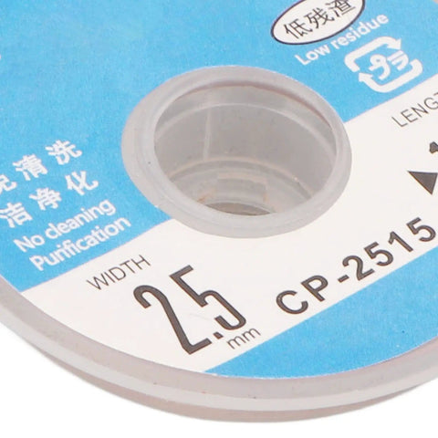 Close-up of spool label for Desoldering Wick Braid With Flux for PCBs, Red Copper Material, 1.5 Meter Length, 2.5mm width.