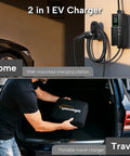 2 in 1 EV Charger on wall for home use, showing wall-mounted charging station and portable travel charger in trunk.