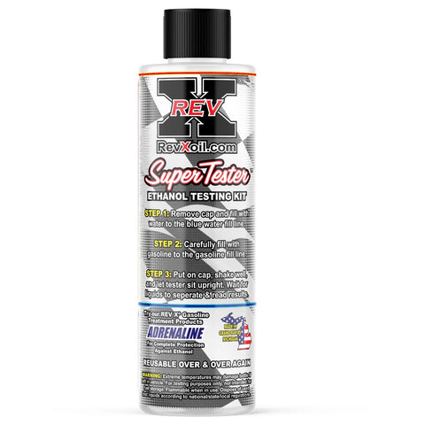 Front view of REV X E85 Super Tester ethanol testing kit bottle with white label and black cap.