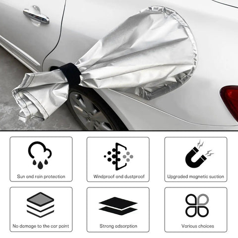 Heavy Duty Universal EV Charger Plug Port Cover, Slick Waterproof Weatherproof Bag For Your Ride, Rock Solid Guard Against Snow Slush And Road Grime, Keeps Charging Plugs Dry And Secure All Season Long, Silver attached to a car.
