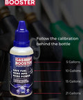 Gas Booster bottle with calibration guide for 21 gallons in front of gas pumps, part of Powerful Gas Saver Additive 5 Bottle Pack