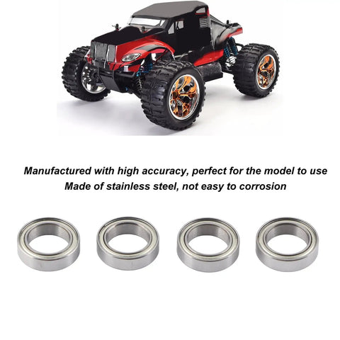 Beefed Up High Performance Stainless Steel RC Ball Bearing Kit For 3S One Tenth Scale RC Cars And Crawlers Precision Replacement For Smooth Acceleration Low Friction Durable Build Easy Install, four stainless steel bearings shown