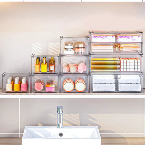 Super Slick Acrylic Stackable Drawer Set Of Six Pack For Vanity And Bathroom Desk Organization Modular Units stacked with toiletries.