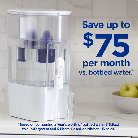 XL 44 Cup Water Filter Dispenser With Genuine PUR Filters on a counter, clear design, large capacity, text highlighting cost savings.