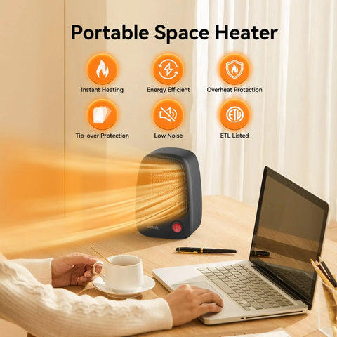 Small Space Heater With Overheat Protection, 500W PTC Ceramic, Fast Heating And Whisper Quiet, Ultra Portable Electric Heater For Indoor Use At Office Desk Or Home, Black