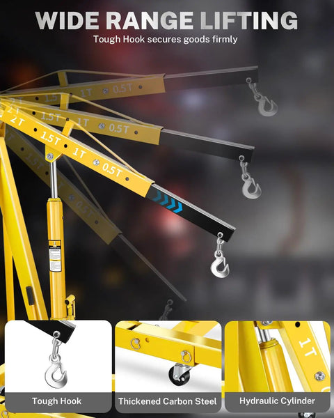Heavy-Duty 2 Ton Hydraulic Engine Hoist And Cherry Picker Crane With 6 Locking Casters, durable tough hook and hydraulic cylinder details.