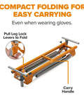 Universal Portable Miter Saw Stand 2nd Generation Pro Grade With Quick Release Tool Mount folding for easy carrying.