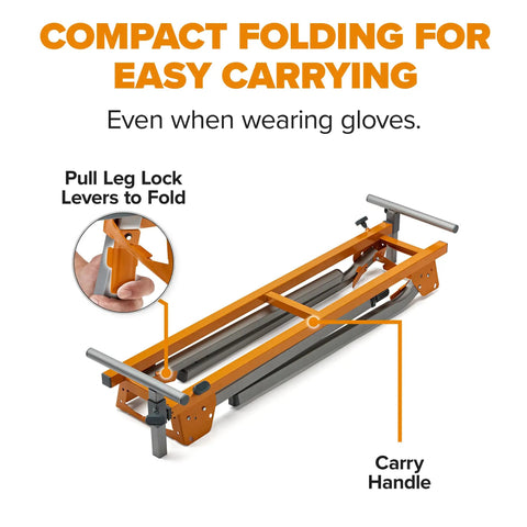 Universal Portable Miter Saw Stand 2nd Generation Pro Grade With Quick Release Tool Mount folding for easy carrying.