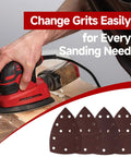 Detail sander in use on wood with 60 Piece Sander Replacement Pads With Hook And Loop Sandpaper Sheets 60 80 120 240 Grit Mix for Mouse Detail Sanders.