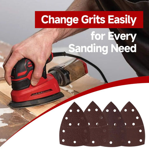 Detail sander in use on wood with 60 Piece Sander Replacement Pads With Hook And Loop Sandpaper Sheets 60 80 120 240 Grit Mix for Mouse Detail Sanders.