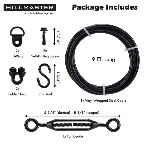 Anti Sag Gate Kit For Wooden Fences And Outdoor Gates With Heavy Duty Stainless Steel Cable Tough Gate Support Kit In Black Finish package contents include cable, turnbuckle, D-rings.