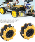 Mecanum wheel set: two yellow 80mm rubber-coated wheels with black rollers for DIY omni-directional robot car.