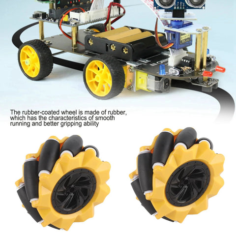 Mecanum wheel set: two yellow 80mm rubber-coated wheels with black rollers for DIY omni-directional robot car.