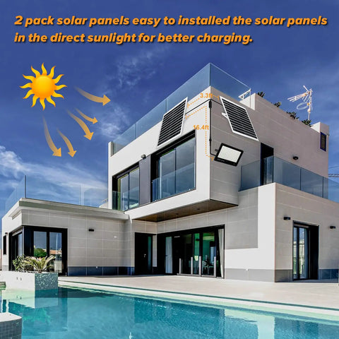 2-pack solar panels installed on modern home for Ultra Bright 400W Solar Security Flood Lights With Remote Control 40000 Lumens