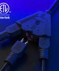 Close-up of Beefy 100 Ft Heavy Duty Outdoor Extension Cord With 3 Outlets, 12/3 12AWG SJTW, black 3 prong plug and connectors, ETL listed.