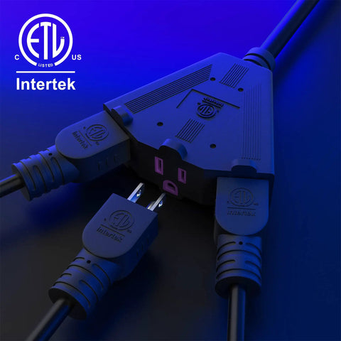 Close-up of Beefy 100 Ft Heavy Duty Outdoor Extension Cord With 3 Outlets, 12/3 12AWG SJTW, black 3 prong plug and connectors, ETL listed.