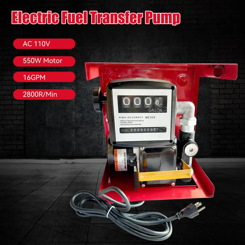 Rig Ready Electric Diesel Transfer Pump Kit With Auto Shut Off Nozzle Mechanical Meter And Long Reach Hoses showing 550W motor and high accuracy meter.
