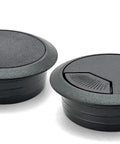 High Grade Desk Grommet Covers For Smart Cable Taming, 2 inch thick black plastic covers for clean office setups.