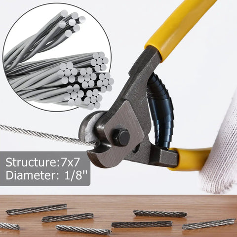 Close-up of 1/8 Inch 450 Ft Stainless Steel Cable with cutter for deck railing and balustrades, Marine Grade T316 7x7 wire rope