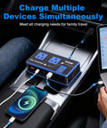 Tailgate Ready 200W Car Power Inverter With Dual 110V AC Outlets And Rapid 24W USB-C Charging For Weekend Warriors And Laptop Power On The Go Sleek Blue Finish in use with phone and laptop.