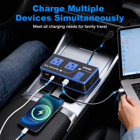 Tailgate Ready 200W Car Power Inverter With Dual 110V AC Outlets And Rapid 24W USB-C Charging For Weekend Warriors And Laptop Power On The Go Sleek Blue Finish in use with phone and laptop.