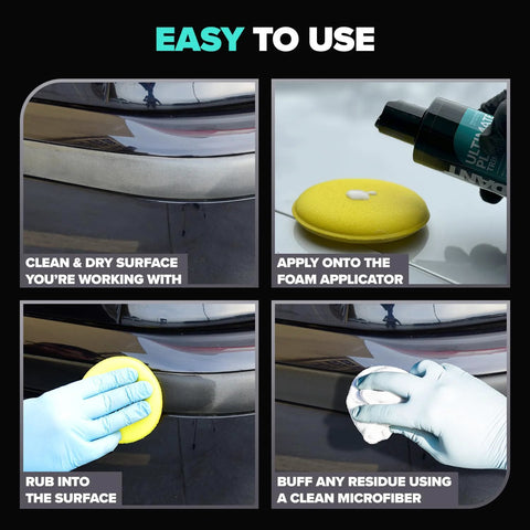 Carfidant Plastic Restorer for cars, 8.4 oz; black exterior/interior trim with foam applicator and microfiber buff