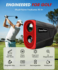 Pro Grade Golf Rangefinder With Slope And Magnetic Mount, black and red on a golf course with golfer swinging a club.