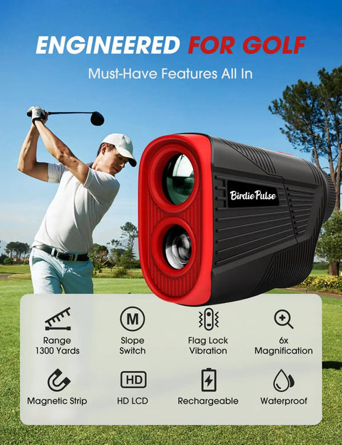 Pro Grade Golf Rangefinder With Slope And Magnetic Mount, black and red on a golf course with golfer swinging a club.
