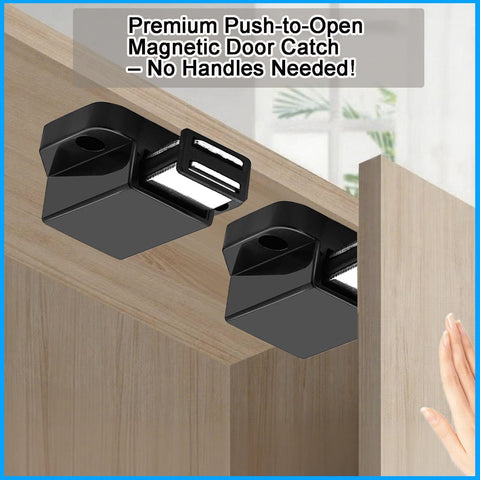 Push To Open Cabinet Hardware 8 Pack No Handle Latch System for Cabinets Doors Wardrobes Closets Black with Easy Tap Release
