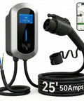 No Sweat Garage Upgrade Heavy Duty Level 2 Electric Charger with 25ft cable, 50 Amps, hardwired for EV, gray color.