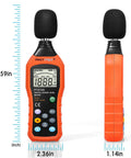 PT6708 Sound Level Meter Digital Decibel Reader front and side view, large LCD, measures 30 to 130 dB, includes batteries