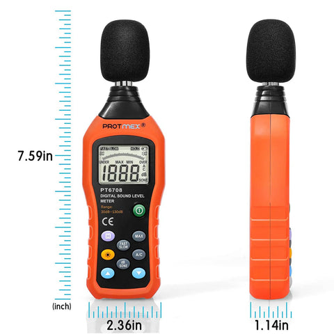 PT6708 Sound Level Meter Digital Decibel Reader front and side view, large LCD, measures 30 to 130 dB, includes batteries