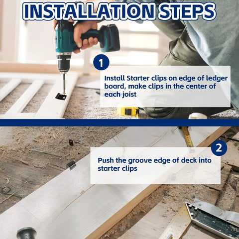 Installation steps for Badass 100 Pack Starter Deck Clips Built Hella Secure From 304 Stainless Steel For Composite Deck Boards.