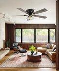 52 Inch Flush Mount Farmhouse Ceiling Fan With Remote And Reversible Wood Blades in modern living room with warm lighting.