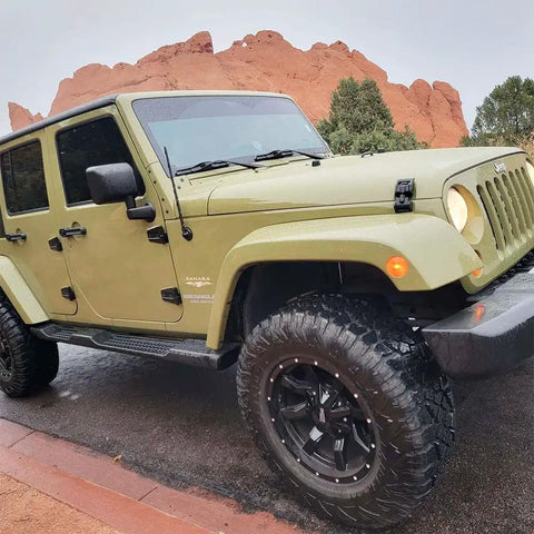 Side view of Jeep with 16 Inch Jeep Antenna Upgrade For 2007-2026 Wrangler JK JL JKU JLU Gladiator JT Bolt On Replacement Exterior