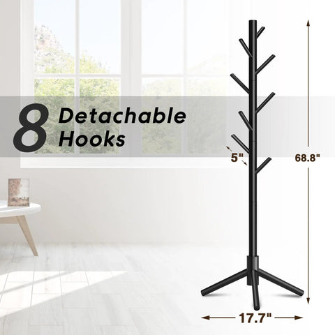 Freestanding Coat Rack With 8 Hooks And 3 Adjustable Heights, Space Saving Coat Tree For Entryway Hallway Bedroom Office, No Fuss Assembly, Durable Black Finish