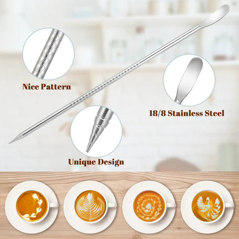 Stainless steel latte art pen with unique design for creating intricate latte designs, shown with cappuccino patterns.