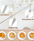 18/8 stainless steel latte art pen with unique design, shown with coffee latte art designs in cappuccino cups.