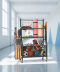 Heavy Duty Rolling Storage Rack And Athletic Gear Cart With Mesh Shelves Iron Frame For Gym Basement Garage Setup Hella Sturdy Design To Handle All Your Heavy Equipment Rollin Smooth On Casters For A Clean Game Room Setup Today with various sports equipment
