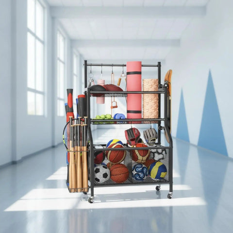 Heavy Duty Rolling Storage Rack And Athletic Gear Cart With Mesh Shelves Iron Frame For Gym Basement Garage Setup Hella Sturdy Design To Handle All Your Heavy Equipment Rollin Smooth On Casters For A Clean Game Room Setup Today with various sports equipment
