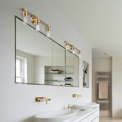 5 Piece Bathroom Accessory Set With 3 Light Vanity Fixture In Matte Brass Finish Open Socket Design Towel Bar Towel Ring Robe Hook And Toilet Paper Holder For A Slick Modern Bath Makeover
