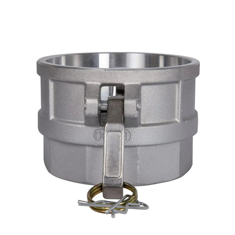 Heavy Duty Built Tough Quick Snap Connect No Sweat Setup For Garden Trucker Lines Corrosion Resistant Camlock Fittings Type D Female Coupler Npt Threads Smooth Flow Control close-up of aluminum D female coupler with a secure pin.