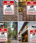 4-Pack No Trespassing Signs Outdoor For Private Property Made From Aluminum 10x14 Inches With UV Ink Print displayed on gates and fences