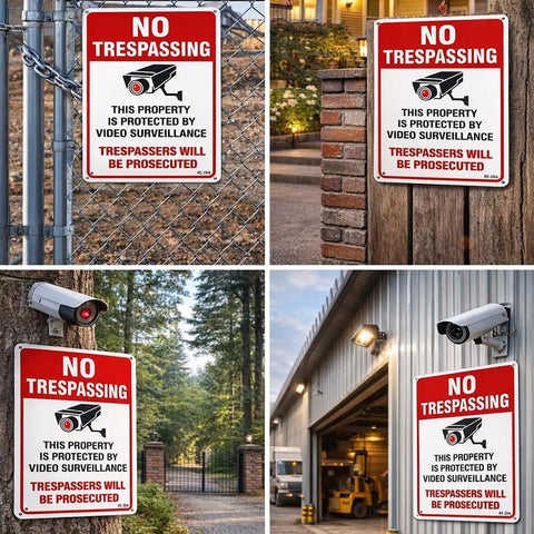 4-Pack No Trespassing Signs Outdoor For Private Property Made From Aluminum 10x14 Inches With UV Ink Print displayed on gates and fences