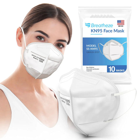 Woman wearing KN95 Face Mask 10 Pack Made In USA Disposable Breathable White Facemask With Elastic Ear Loops And Adjustable Nose Clip