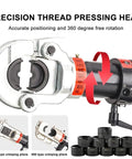 Close-up of the Precision Thread Pressing Head on the Heavy Duty 2200W Electric Hydraulic Crimper, showcasing rotation and cable compatibility.