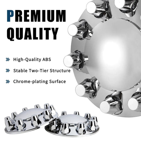 Heavy Duty Semi Truck Hub Covers Set 2 Front 4 Rear With 33mm Chrome ThreadOn Lug Nut Covers and Installation Tool Included ABS Rust Resistant Wheel Caps for a Rugged Truckin Look showing premium quality design with chrome-plating surface and two-tier structure.