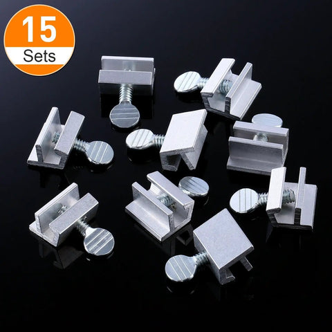 15 Pack Sliding Window Locks With Keys, Easy Install No Tools Needed, shown in silver aluminum with screws on black background